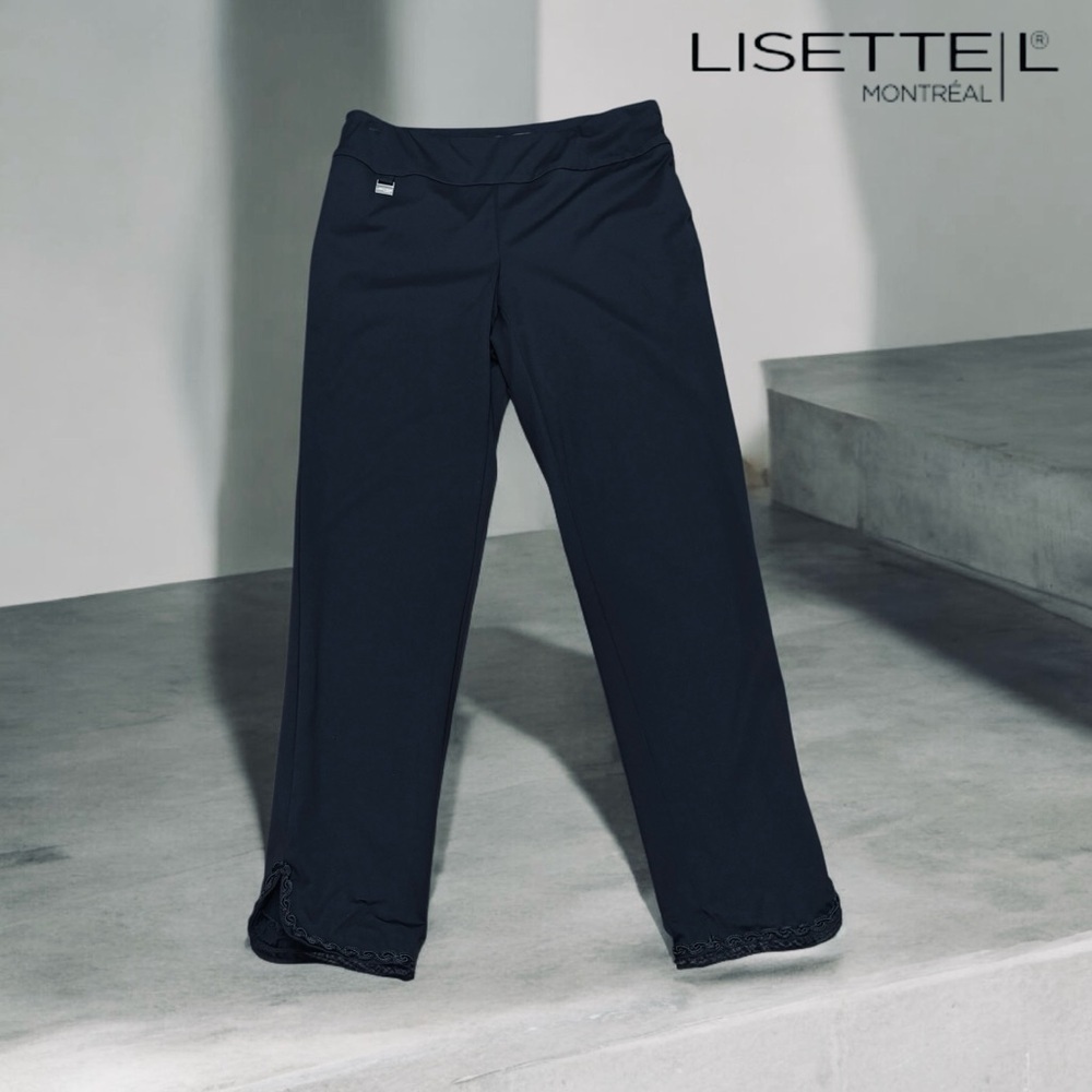 Lisette L Montréal, Elegant Embroidered Hem Pants, Size 10, Black